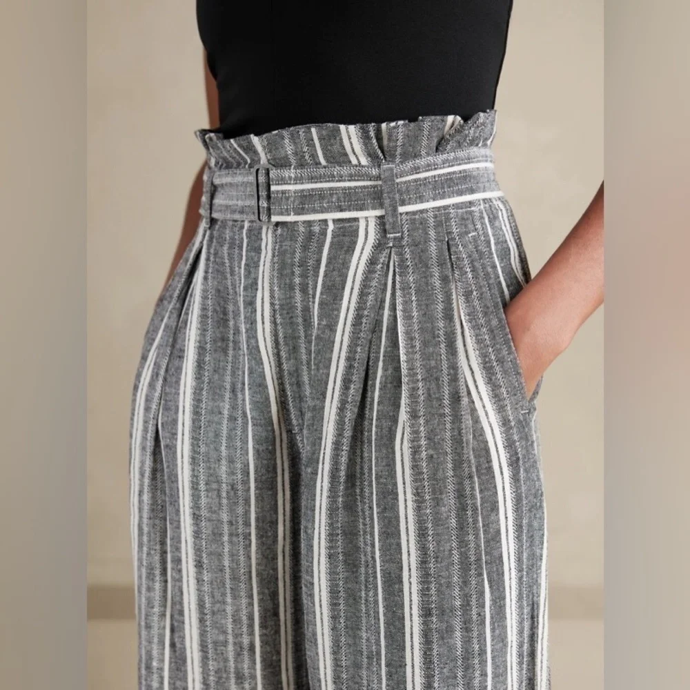 NWT! Light Grounded Stripe Linen-Blend Paperbag Wide Leg Pant - Multiple